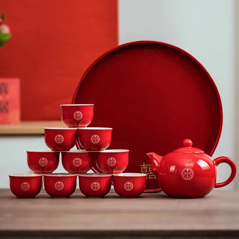 Traditional Chinese Wedding Tea Ceremony Set – Red Double Happiness Cups & Golden Tray