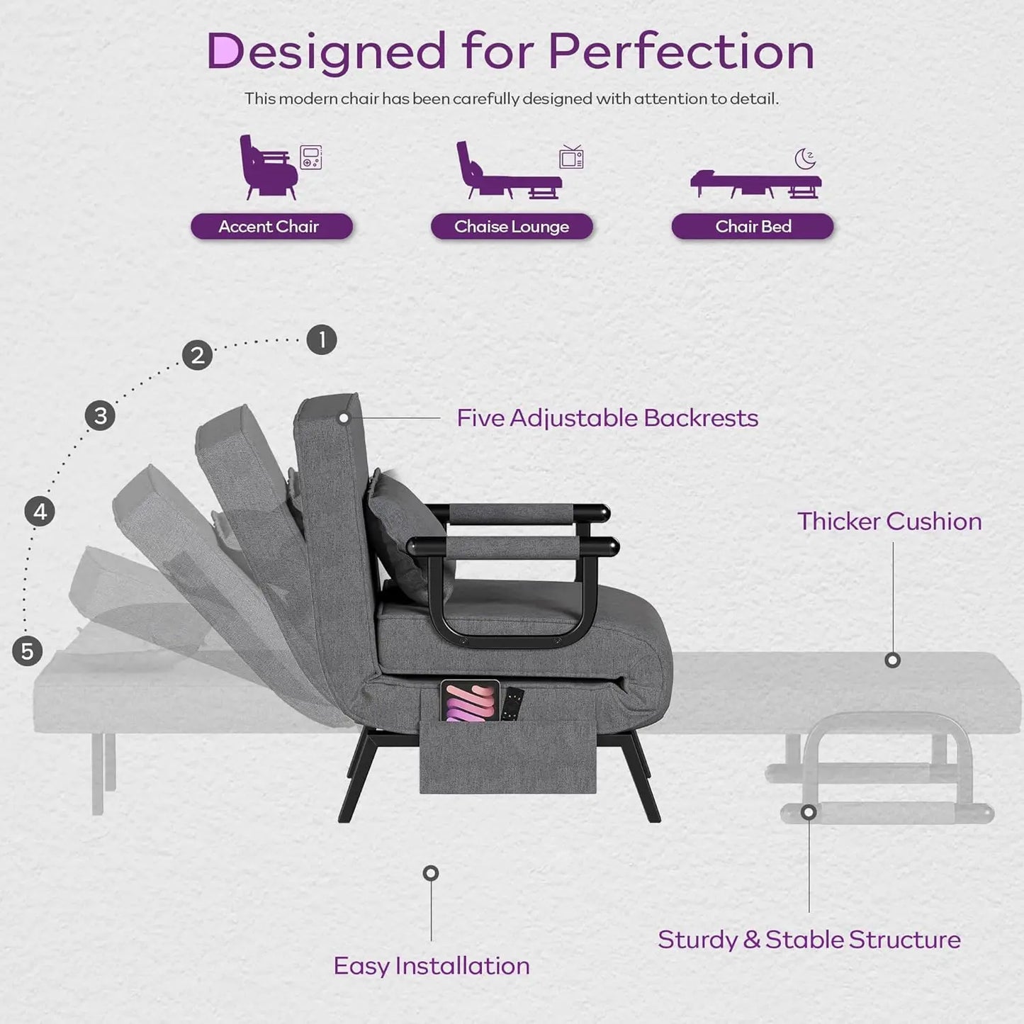 Sleep Chair Bed, Comfy Convertible Sleeper Chairs for Adults, 5 in 1 Folding Sofa Bed with Adjustable Backrest &, Customized