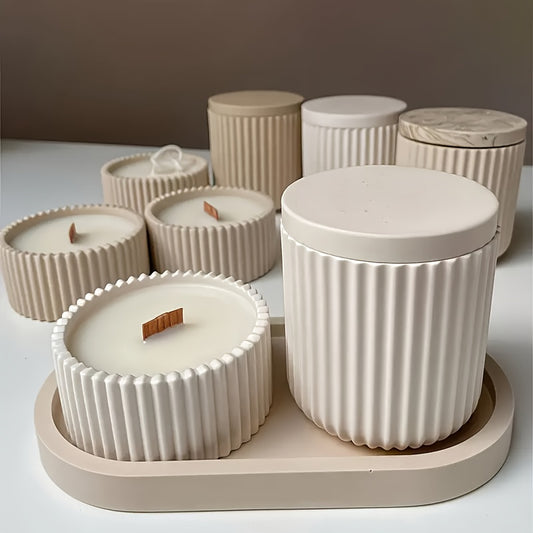 4pcs Silicone Candle Holder Mold with Oval Tray - DIY Home Decoration Handmade Gypsum And Concrete Flowerpot Candle Holder Making Kit, Striped Storage Tank Design - No Power Wax Molding Product