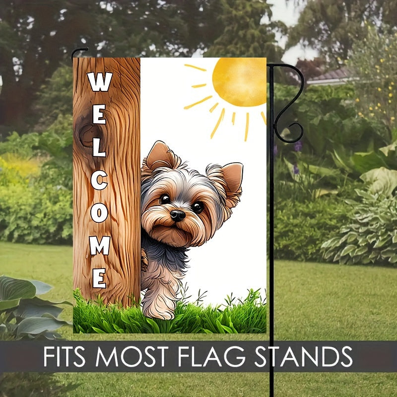 1pc, Yorkshire Sunshine Welcome Garden Flag, Lovely Puppy Dog Theme House Flag, Front Door Sign Vertical Burlap Lawn Flag, Double Sided Waterproof Flag 12*18inch
