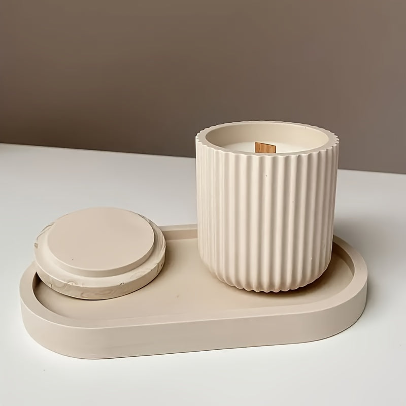 4pcs Silicone Candle Holder Mold with Oval Tray - DIY Home Decoration Handmade Gypsum And Concrete Flowerpot Candle Holder Making Kit, Striped Storage Tank Design - No Power Wax Molding Product